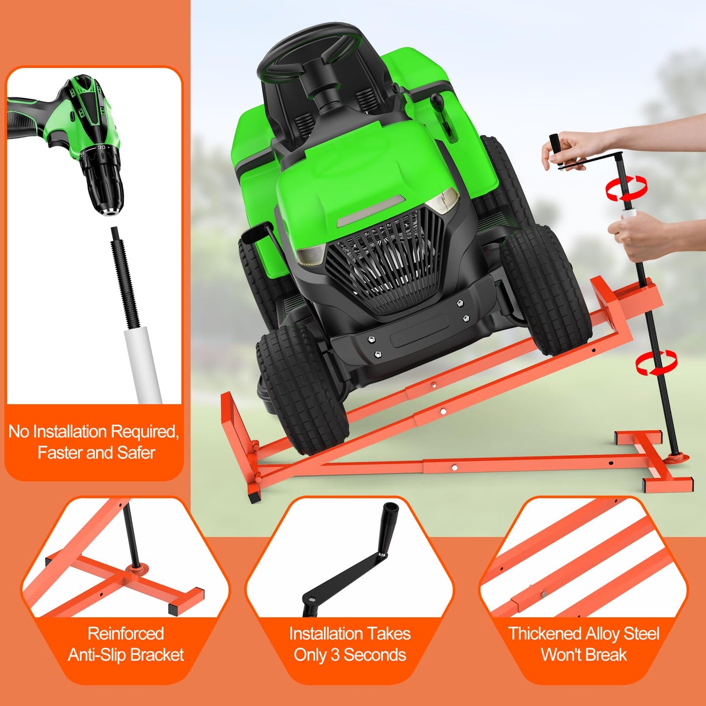 1400LB Lawn Tractor Lift Jack & Riding Mower Lift with Rotating Sleeve & Manual and Power Tool Handle, 3-Min Quick Setup, Anti-Slip Base, Heavy-Duty Universal Design for Lawn Mowers (Alloy Steel)