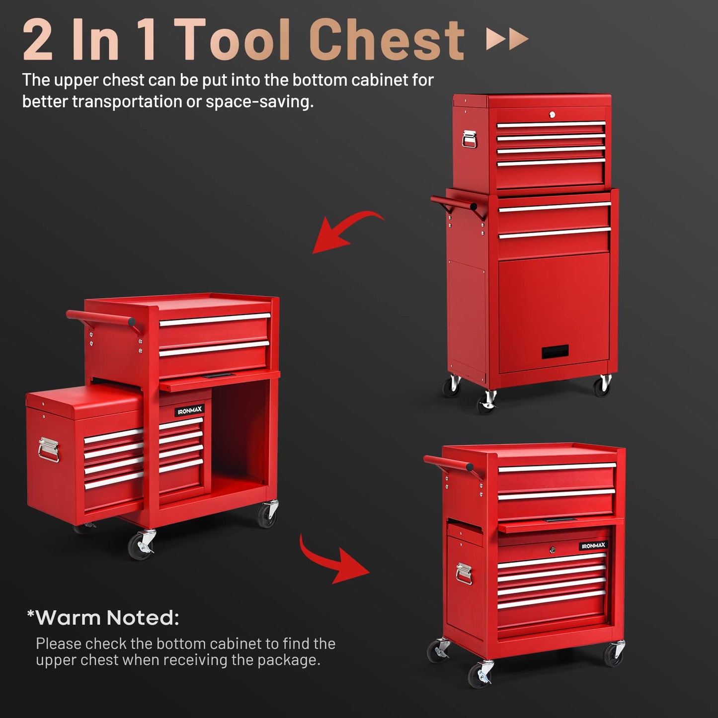 ERGOMASTER Rolling Tool Chest Cabinet Big Tool Storage Cabinet on Wheels and Lock System, Toolbox Organizer with Sliding Liner - 6-Drawers & Red