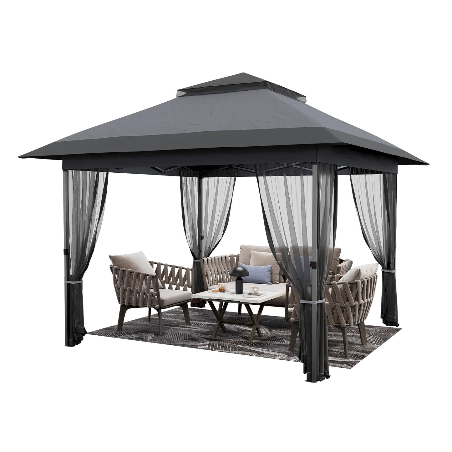 Garvee 12x12 Gazebo, Instant Outdoor Canopy Tent with Mosquito Netting, Screen Tent with 4 Ropes, 8 Stakes, 4 Sandbags and Wheeled Storage Bag, Shelter Canopy for Patio Garden Backyard, Gray