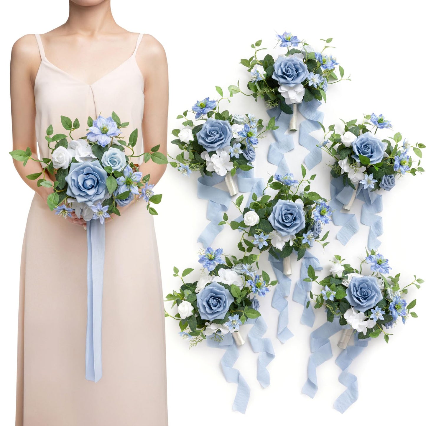 Ling's moment Artificial Flowers Pink Bridesmaid Bouquet Set of 6, Dusty Rose & Mauve Wedding Flowers Bouquets for Bridesmaids, 7 Inch Bridal Bouquets for Bridesmaids, Wedding, Ceremony, Anniversary,
