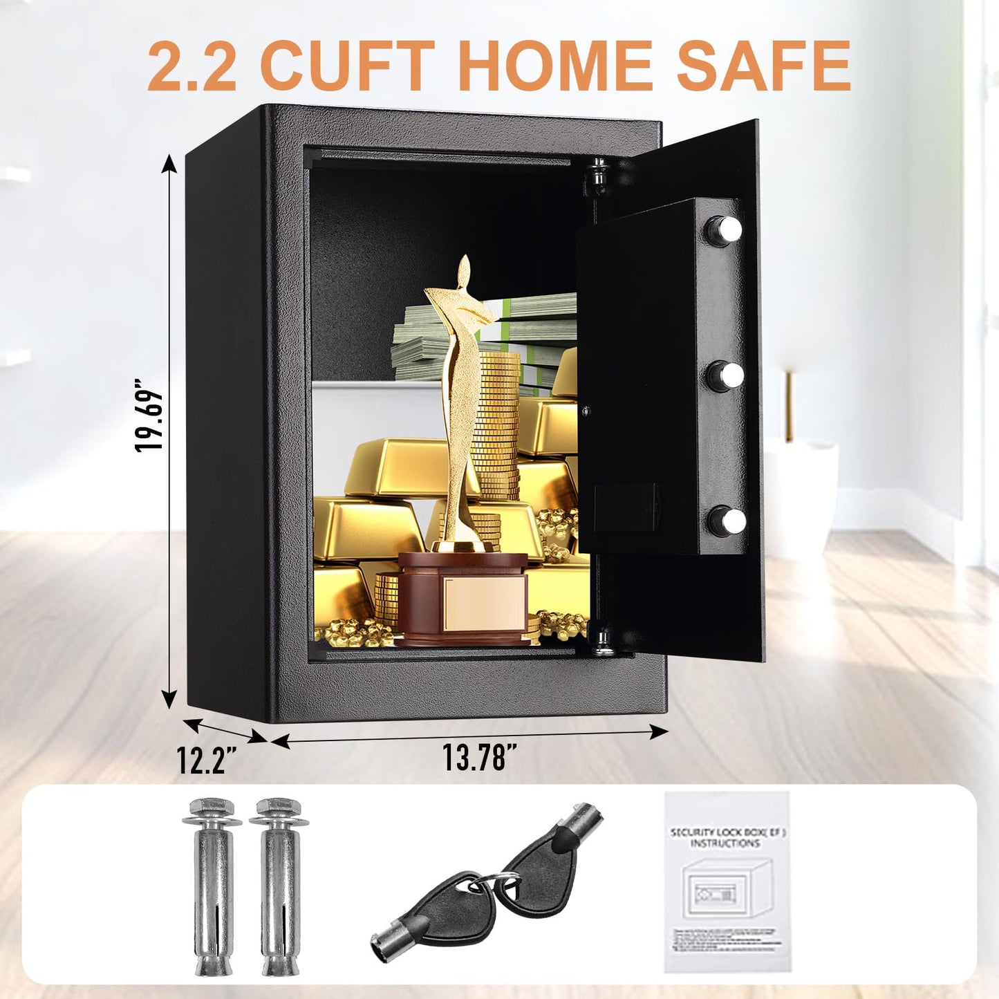 Tenamic Safe Box 2.2 Cuft Fireproof Waterproof Home Safe, Keypad Large Lock Box Cabinet Safes, Solid Alloy Steel Office Hotel Home Safe, Black