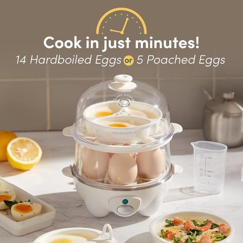 Elite Gourmet 2-Tiered Egg Cooker - Poach 5 Eggs & Make Omelets | Auto Shut-Off, BPA Free, White