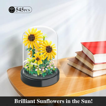 2 Flowers Bouquet Sunflowers - Rose Building Kit Creative Bonsai Tree Succulents Plant Blocks with LED Light Botanical Collection Home Office Decor Ideal Gift for Lover Adult