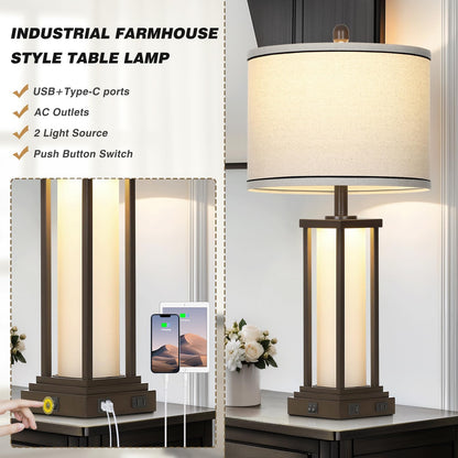 Cinkeda Vintage Table Lamps Set of 2, 27in Tall, Oil-Rubbed Bronze, USB & Outlet, Frosted Glass Night Light for Living Room and Bedroom
