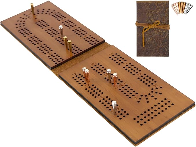 Travel Cribbage Board Game 3 Tracks Leather &amp Solid Bambo-Wood Pocket Sized Tiny Card Game Board