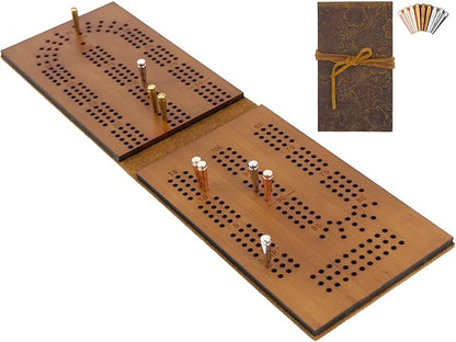 Travel Cribbage Board Game 3 Tracks Leather &amp Solid Bambo-Wood Pocket Sized Tiny Card Game Board