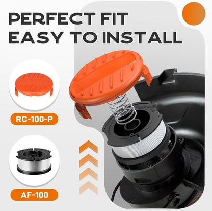 Black & Decker AF-100 Weed Eater Spool - 30ft 0.065" | 8-Pack with 6 Spools, 1 Cap & 1 Spring