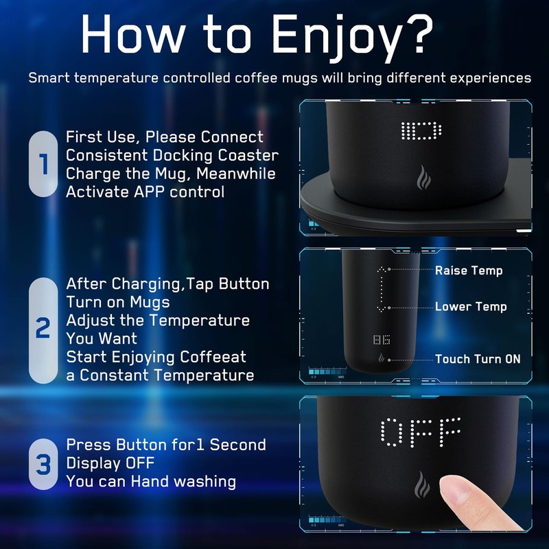 LEGARDLILIU Temperature Control Heated Coffee Mug Smart Self Heating Travel Mug 12 Oz App Controlled Warmer Mug 4-10 Hour LED Display Keep Coffee Hot Fast Wireless Charger Base Dull Black