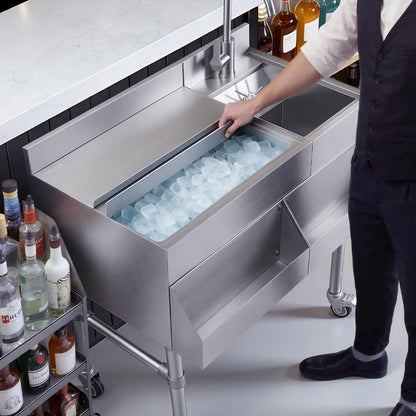 VEVOR Commercial Ice Bin with Sink & Faucet, 60 Qt Max Capacity, 24 x 19 x 35 Inch Stainless Steel Ice Chest with Sliding Lid and Bottle Holders, Cooler Cart Cocktail Unit for Bar Restaurant Pub