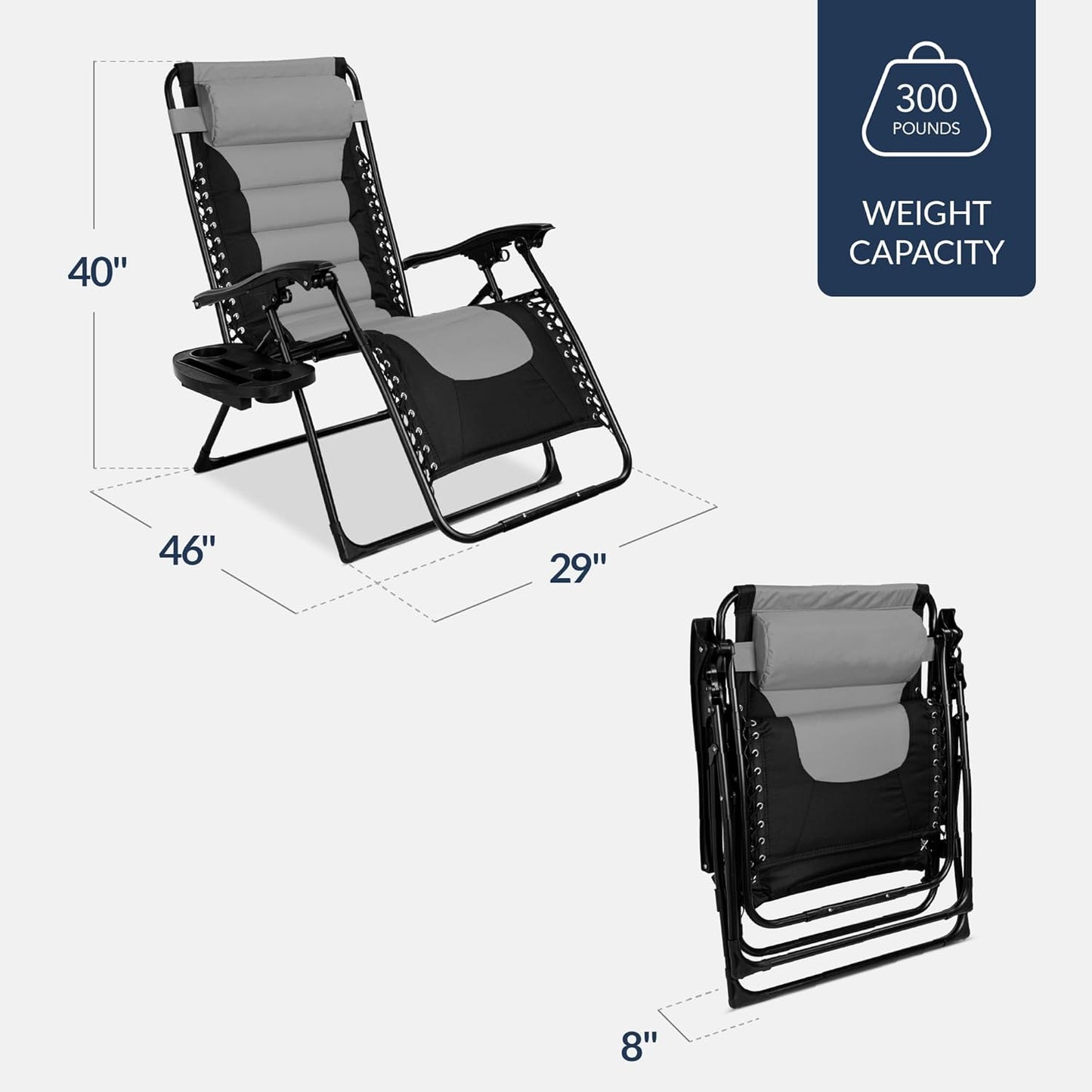 Best Choice Products Oversized Padded Zero Gravity Chair - XL Outdoor Recliner with Headrest, Cup Holder & Side Tray - Gray