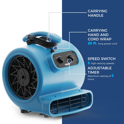 ALORAIR 3000 CFM Air Mover Blower Fan for Industrial, Floor Drying Fan, Carpet Dryer - Timer, Stackable, 3 Speeds, 5 Adjustable Angles Ideal for Water Damage Restoration and Plumbing - GE3000T