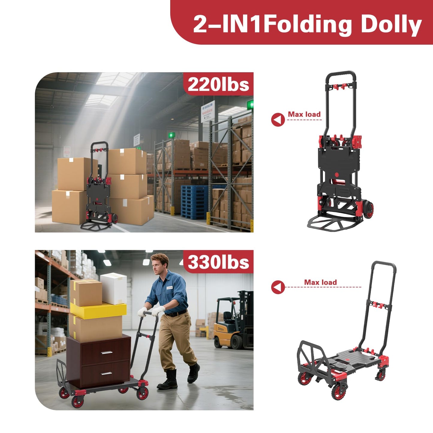 Garstc 2 in 1 Folding Hand Truck with Folding Basket,Heavy Duty Hand Truck Dolly 330lbs Capacity with Telescoping Handle,Portable Dolly Cart with Wheels and Bungee Cords for Moving