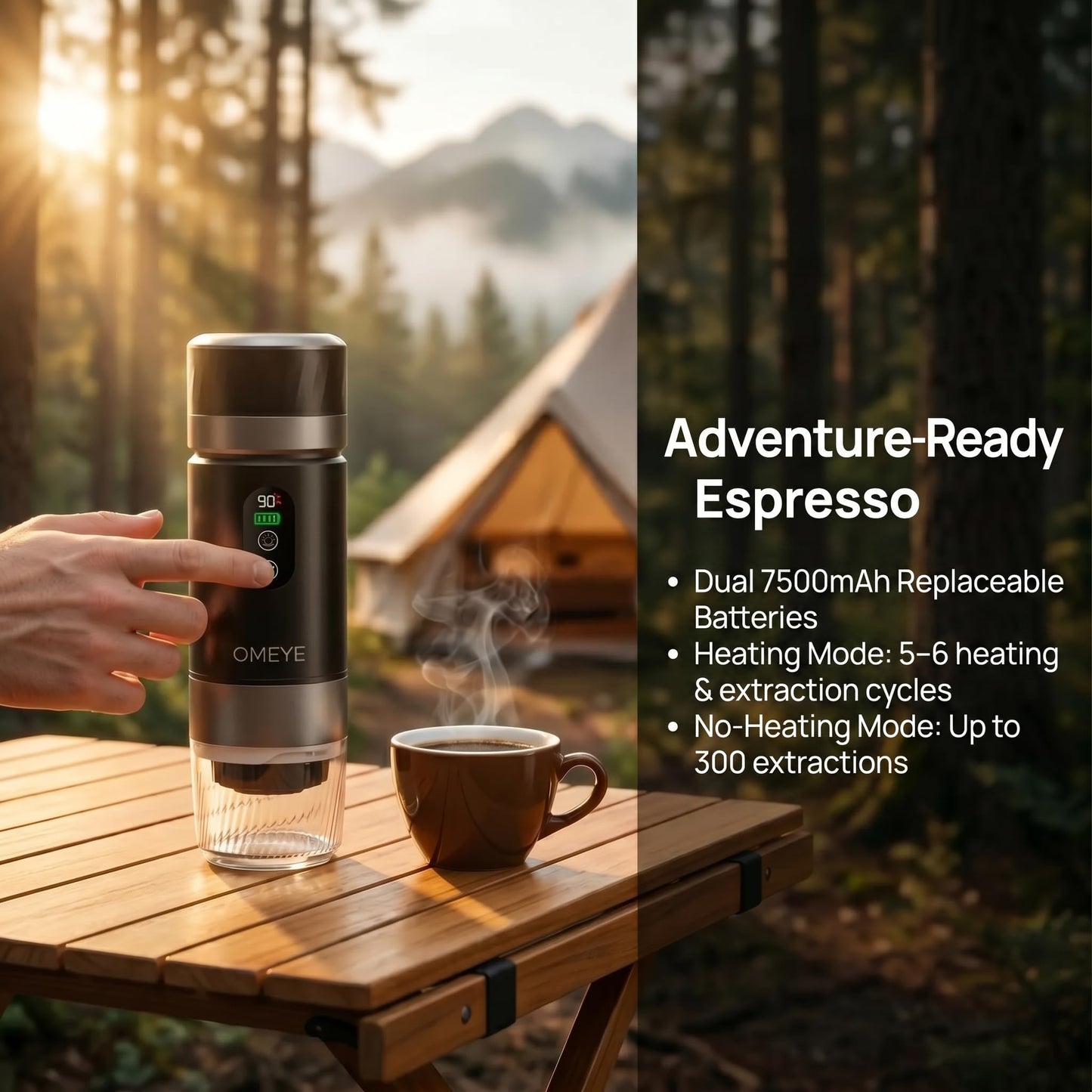 OMEYE Portable Espresso Maker for Camping Travel Office – 20 Bar Self-Heating Cordless Coffee Machine, LED Display, Dual 7500mAh Battery, USB-C, Compatible with Small/Large Capsules & Ground Coffee