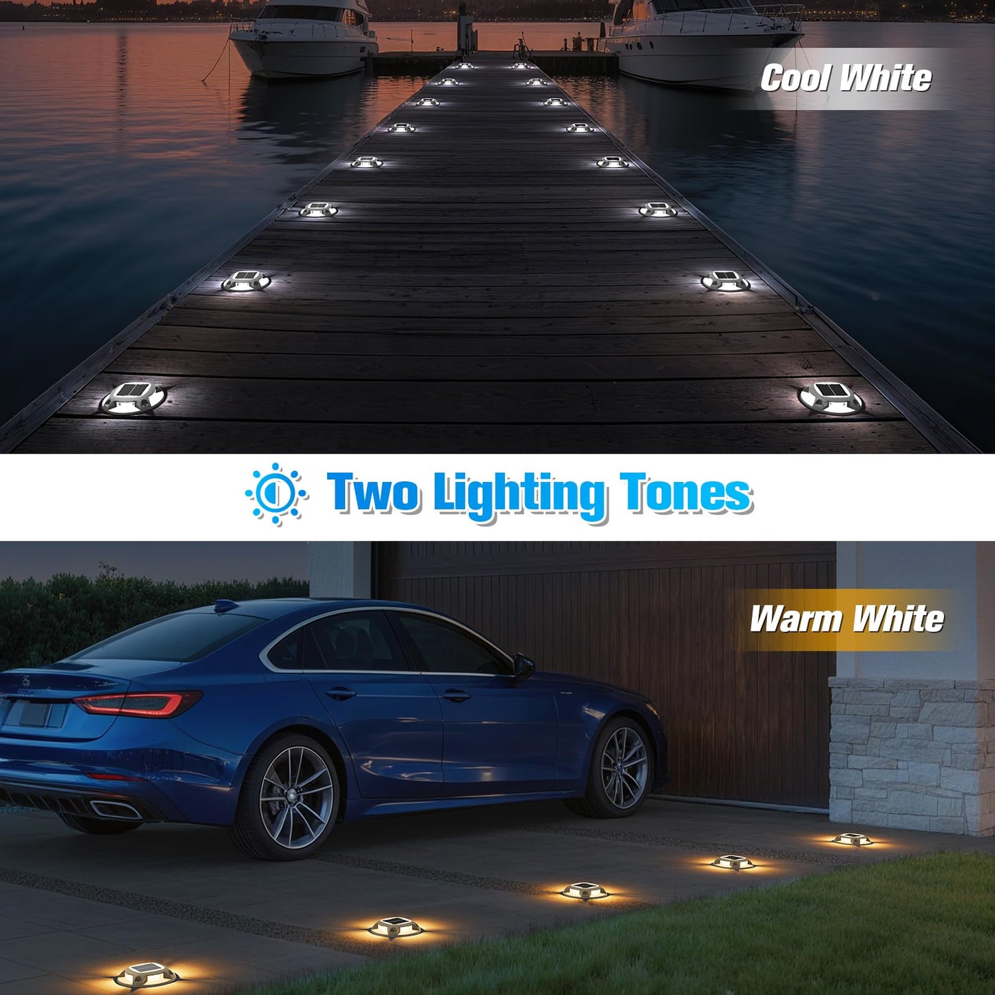 VOLISUN Solar Driveway Lights Dock Deck Lights 16 Pack,2 Colors in 1 Led IP67 Waterproof Outdoor Warning Step Lights for Driveway Sidewalk Pathway (White/Warm White)
