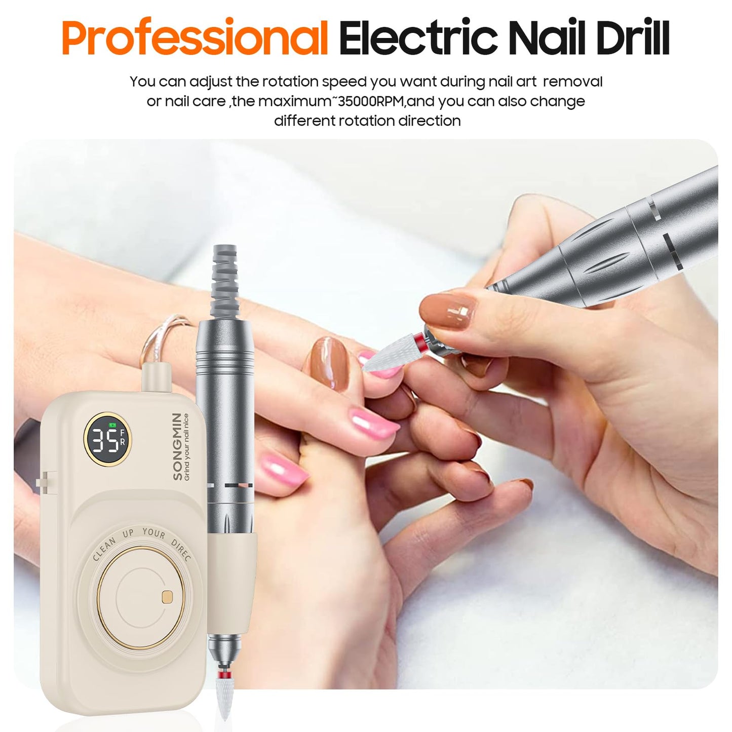 Professional Nail Drill 35000 RPM,SONGMIN Portable Cordless Efile with Bits Kit for Acrylic Nails Gel Polishing Removing,Rechargeable Electric Nail File Machine for Manicure,Pedicure Salon Home,Pink