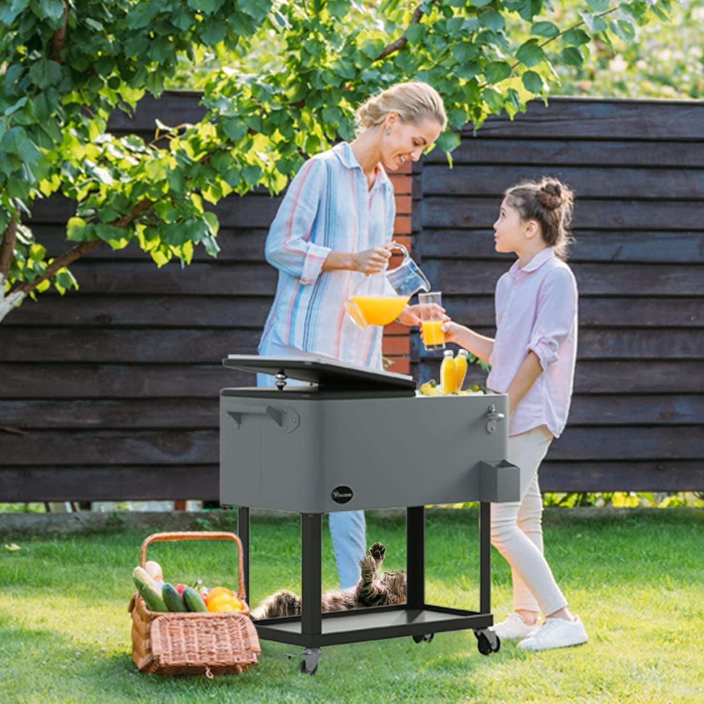 YITAHOME 80 Quart Rolling Cooler Cart with Bottle Opener Drainage, Portable Patio Cooler Rolling on Wheels, Outdoor Rolling Beverage Cart Drink Cooler for Patio Pool Deck Party BBQ Cookouts (Silver)