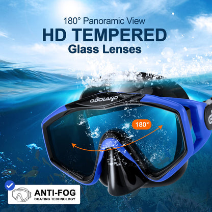 Odoland Kids Snorkeling Packages Snorkel Set, Anti-Fog and Anti-Leak Dry Top Snorkel Mask with Adjustable Swim Fins for Boys and Girls Age 7-14, Blue
