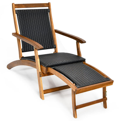 COSTWAY Patio Folding Rattan Lounge Chair, Acacia Solid Wood Frame, Low Deck Chair with Convenient Retractable Footrest, 24” x 51.5” x 32.5”