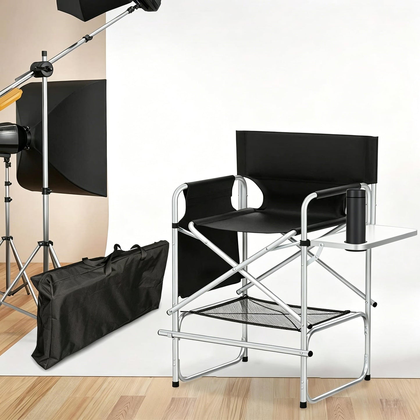 BRLJUNEO Makeup Artist Chair, 41'' Foldable Tall Directors Chairs w/Side Table Cup Holder Storage Bag and Footrest, Portable Makeup Chair, 400LBS Load Capacity, Black