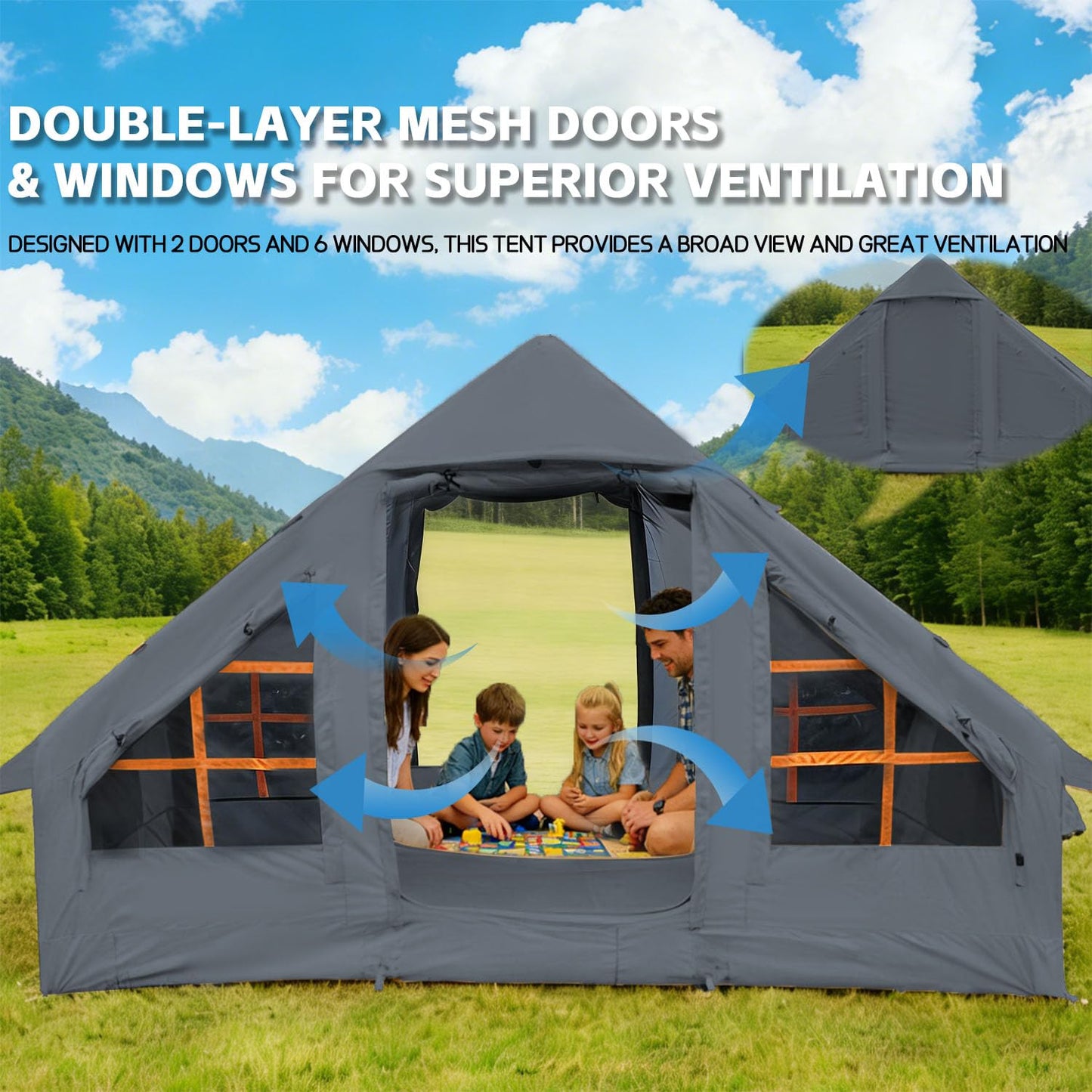 SANHOVO Inflatable Tents for Camping - Easy Blow Up Glamping Tent with Hand Pump, Hot Tent with Stove Jack Waterproof PVC Air Inflatable Tent House for Family Weekend Camping