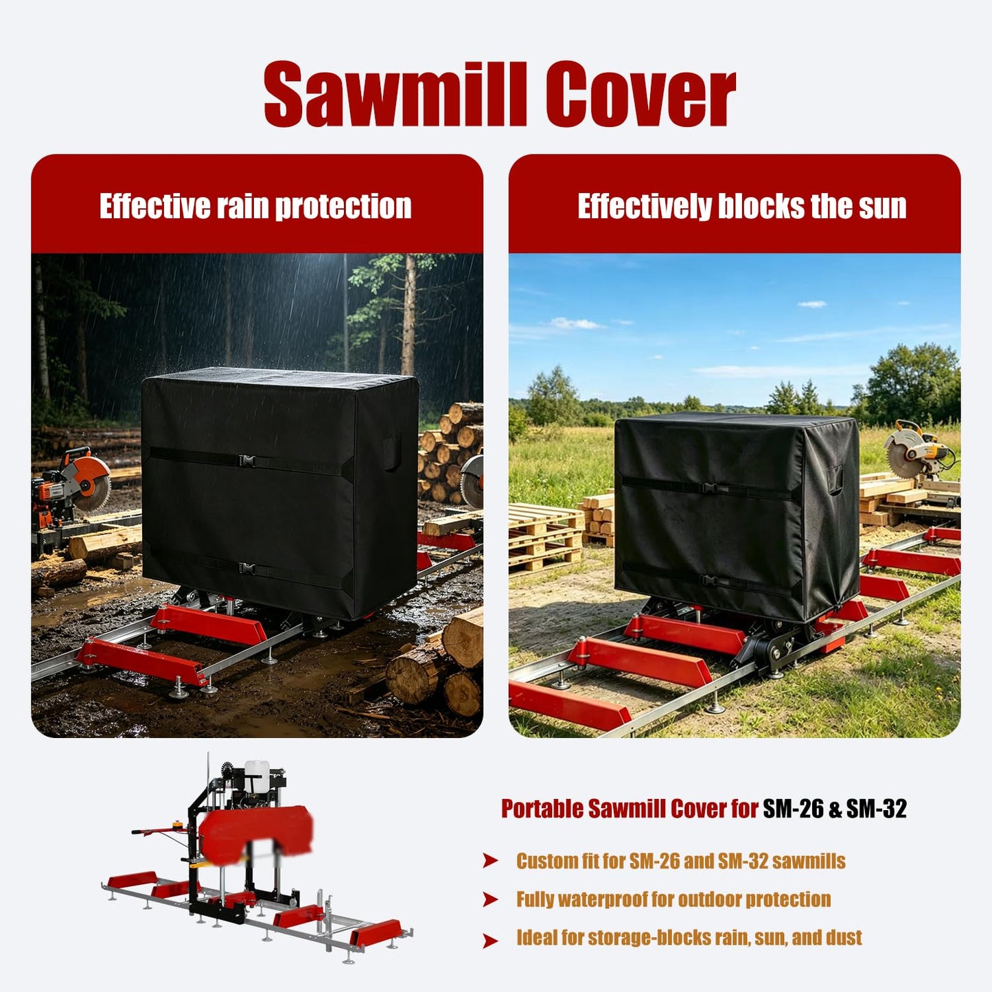 Sawmill Cover, Heavy Duty Black, Portable Custom Fitted for SM-26 & SM-32 – Waterproof, UV & Tear Resistant, All-Weather Outdoor Storage Protection-Only Cover
