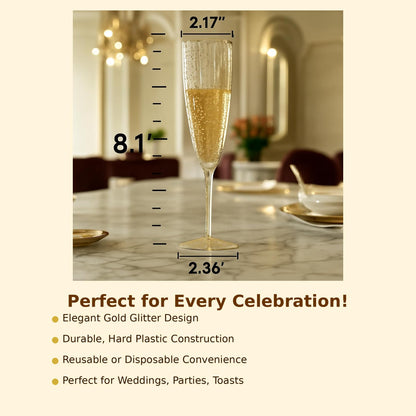 Oojami 24 Pack Plastic Champagne Flutes 6 Oz Gold Glitter, Shatterproof Heavy Duty Disposable Champagne Flutes Glasses, BPA-Free Recyclable Mimosa Glasses Bulk for Wedding Bridal Shower Birthday Party