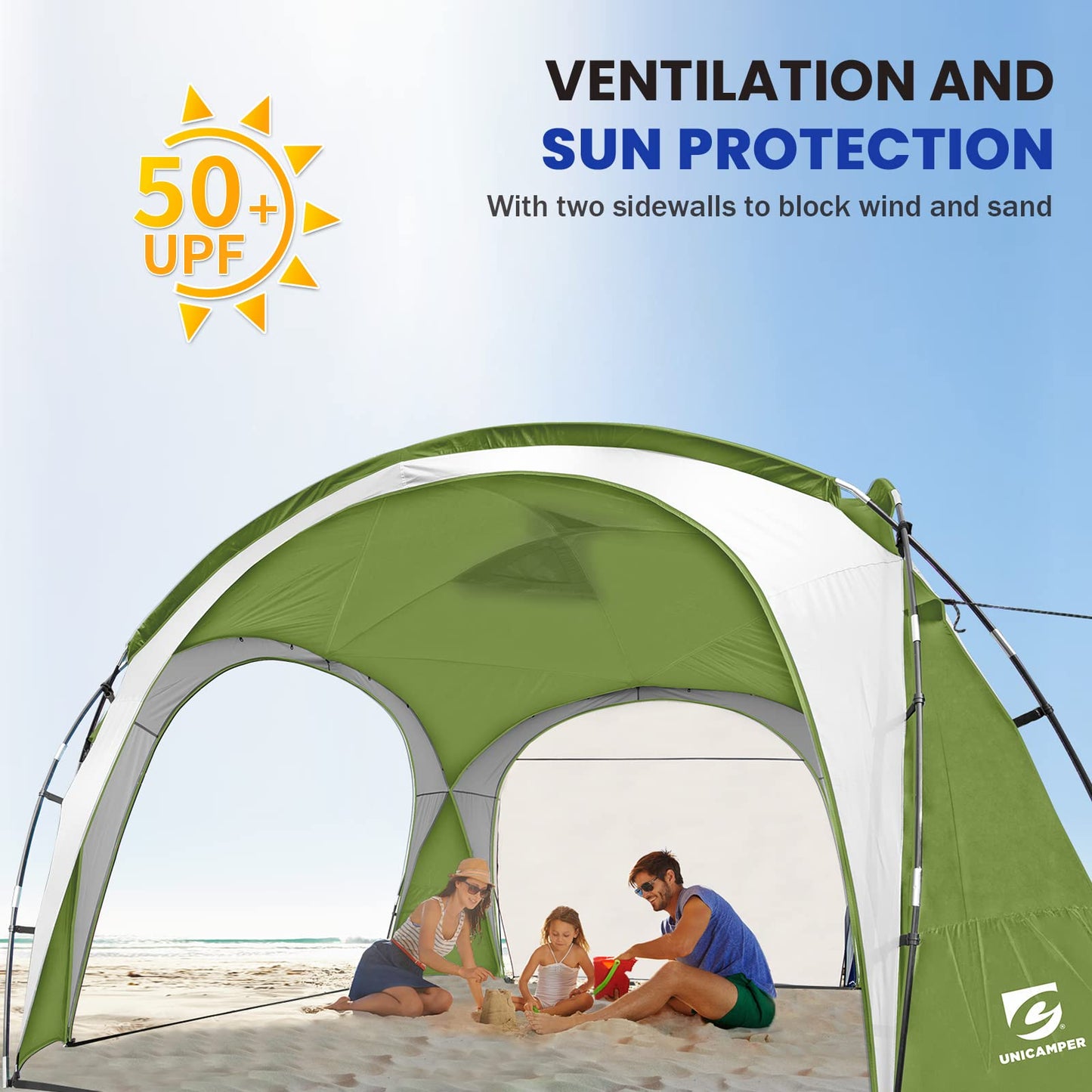 UNICAMPER Beach Tent 12 X 12ft Large UPF50+ Pop Up Canopy with 2-Pcs Side Wall, Sun Shelter Rainproof, Waterproof for Camping Trips, Backyard Fun, Fishing, Parties, Or Picnics(Green)