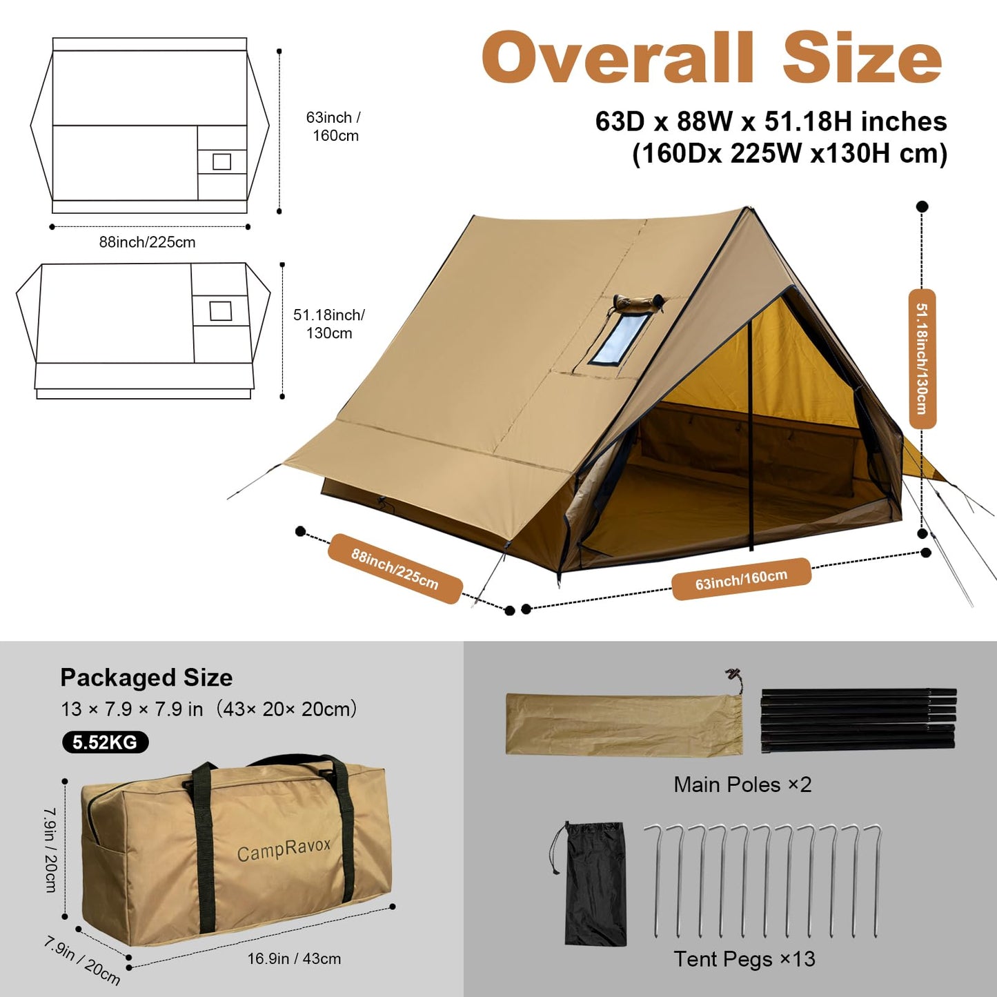 CampRavox Hot Tent with Stove Jack, 4-Season Waterproof Chalet Tent, Easy Setup Weather-Resistant Shelter for Winter Camping & Outdoor Adventures
