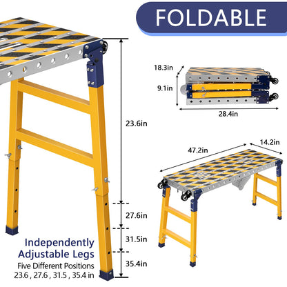 Work Bench+Step Ladder 2 in 1 with 1102 LBS Load Capacity, Versatile Portable Steel Folding Welding Table with Height 23 to 35 inches Adjustable Folding Portable Platform with Non-Slip Mat