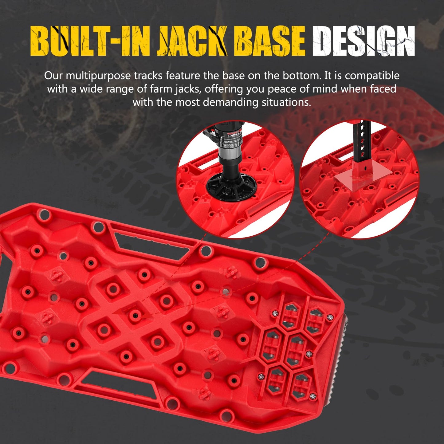 BUNKER INDUST Offroad Traction Boards with Jack Base, Pair Portable Recovery Track Tire Traction Mat - Red Sand,Mud,Snow Tracks(Replaceable Dual Colors Teeth/Rugged Steel Plate), Gen 12th