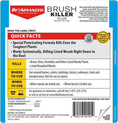BioAdvanced Brush Killer Plus - Ready-to-Use Weed Killer Sprayer | 1.3 Gal - Eliminates Tough Brush & Poison Ivy Roots