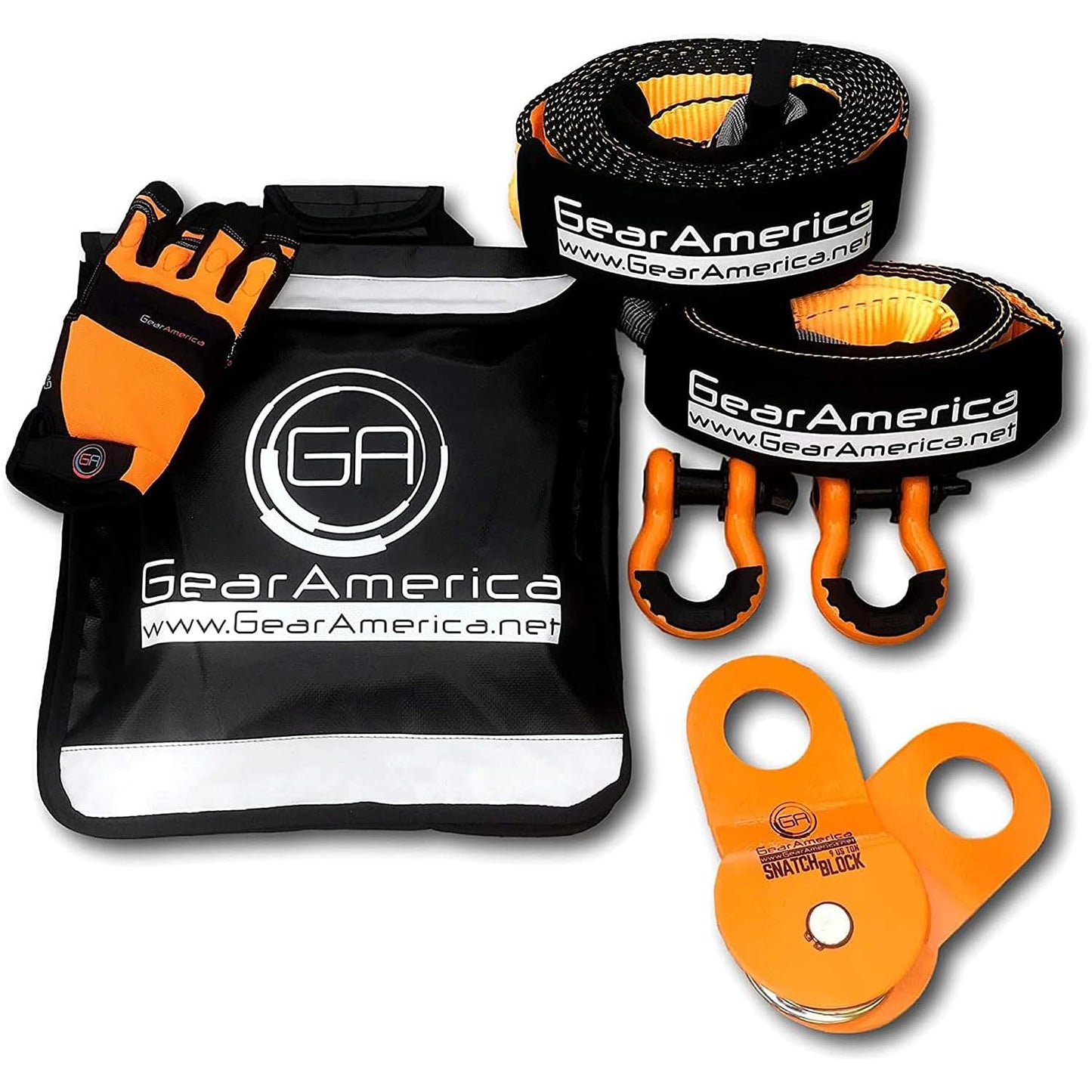 GearAmerica Off Road Recovery Kit, 9 Ton, Includes Tow Strap, Tree Saver, Snatch Block Pulley, D-Ring Shackles, Winch Line Dampener Bag, Gloves - Off Road Recovery Gear, 4x4, Orange