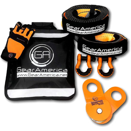 GearAmerica Off Road Recovery Kit, 9 Ton, Includes Tow Strap, Tree Saver, Snatch Block Pulley, D-Ring Shackles, Winch Line Dampener Bag, Gloves - Off Road Recovery Gear, 4x4, Orange