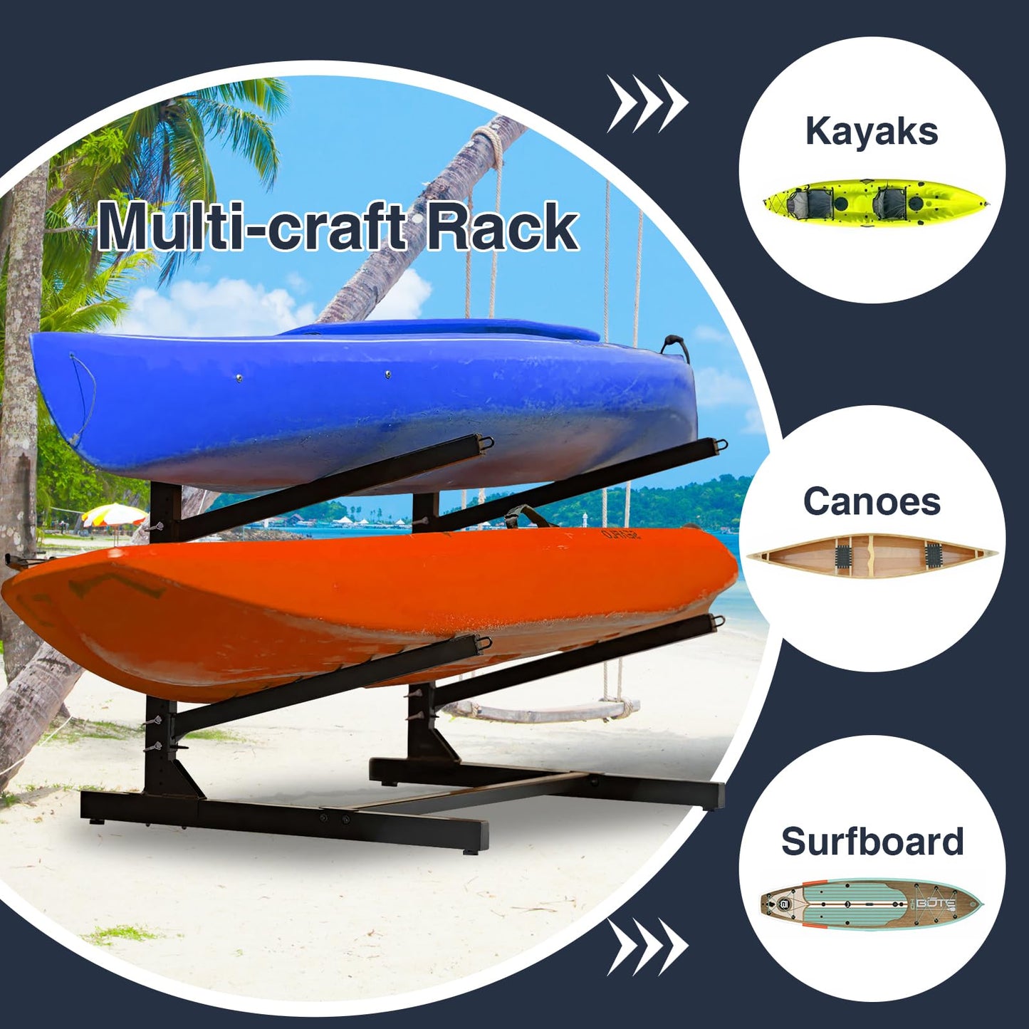 QonicFly Heavy Duty Kayak Storage Rack - Adjustable Freestanding Stand for Kayaks, Canoes, Paddleboards, and Surfboards - Ideal for Garage, Shed, Dock, and Outdoor Storage (2 Levels)