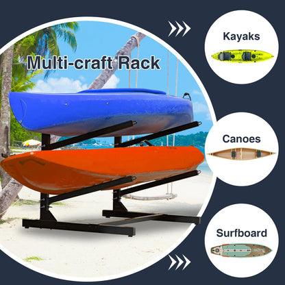 QonicFly Heavy Duty Kayak Storage Rack - Adjustable Freestanding Stand for Kayaks, Canoes, Paddleboards, and Surfboards - Ideal for Garage, Shed, Dock, and Outdoor Storage (2 Levels)