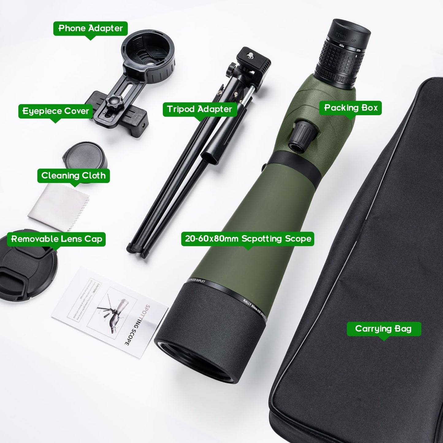 20-60x80 Spotting Scope for Target Shooting Spotter Scope with Tripod Phone Adapter BAK4 Monocular Telescope for Hunting Birdwatching Green