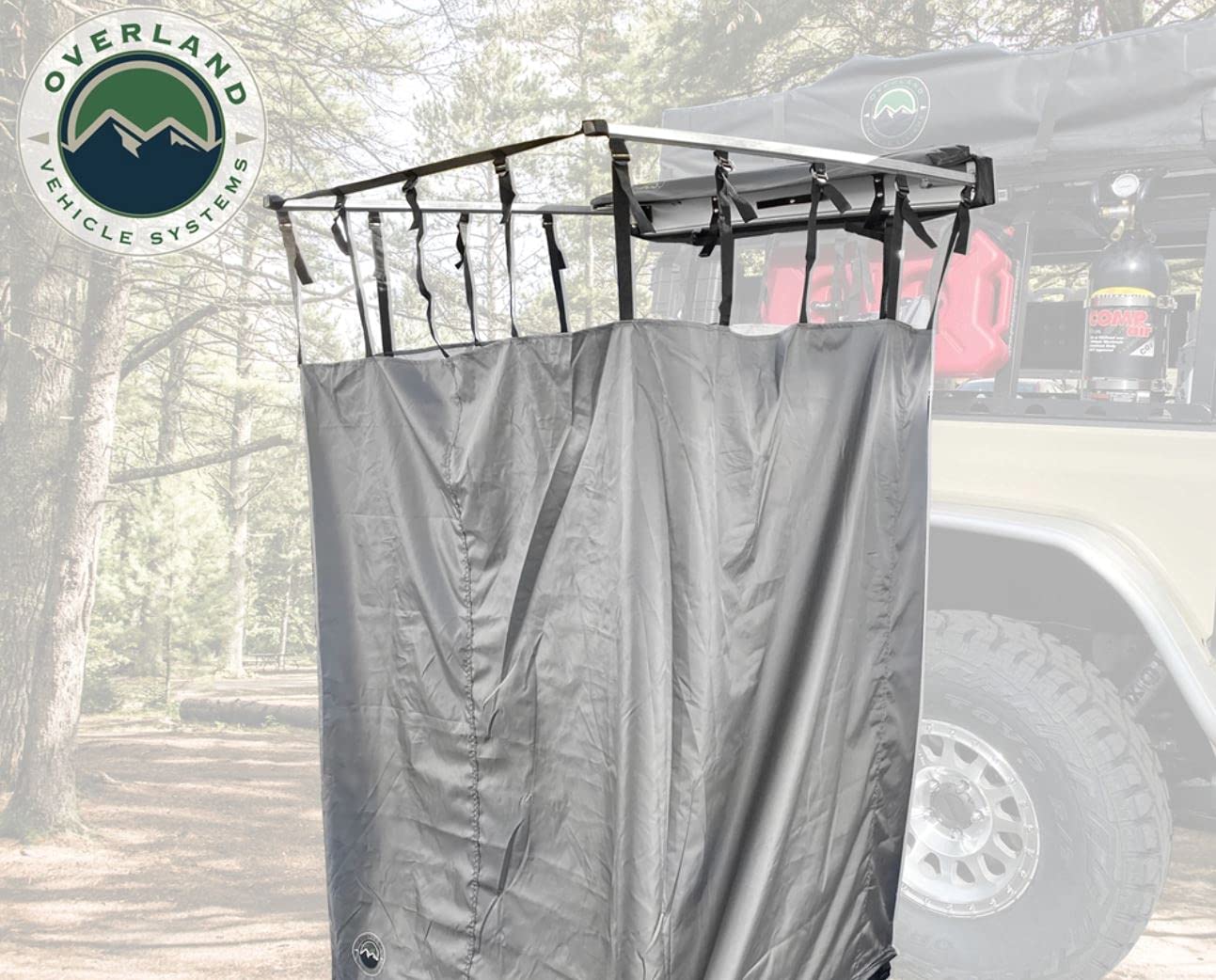 Overland Vehicle Systems HD Nomadic Car Side Shower Room with Black 1000G PVC Travel Cover, Universal L - Brackets, Dark Grey Body with Silver Inner Lining