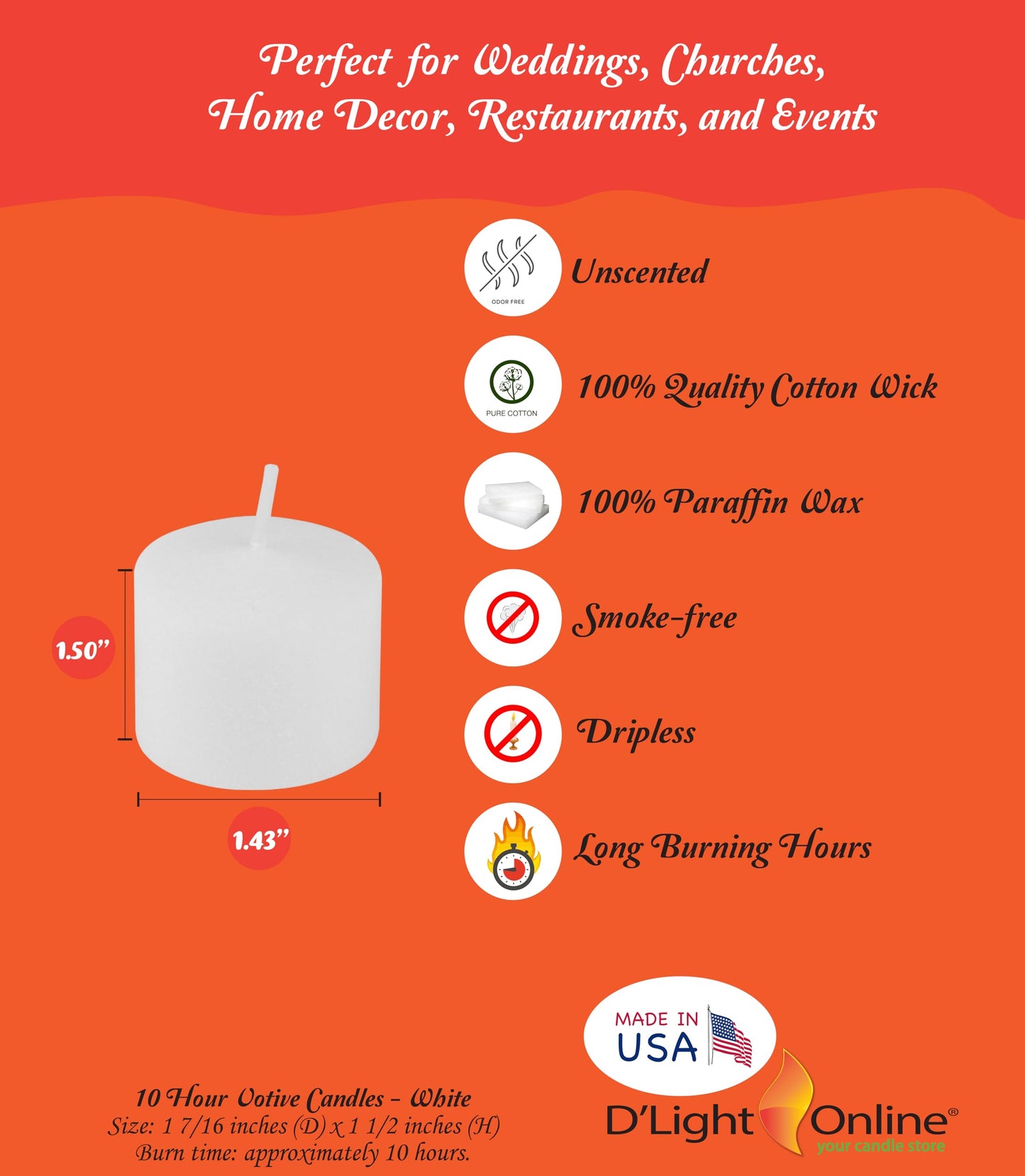 D'light Online Long 10 Hour Burn Time Unscented Votive Candles - Small Candles for Birthdays, Baby Shower, Home Decoration, Restaurants and Weddings (White, 10 Hour - Set of 12)