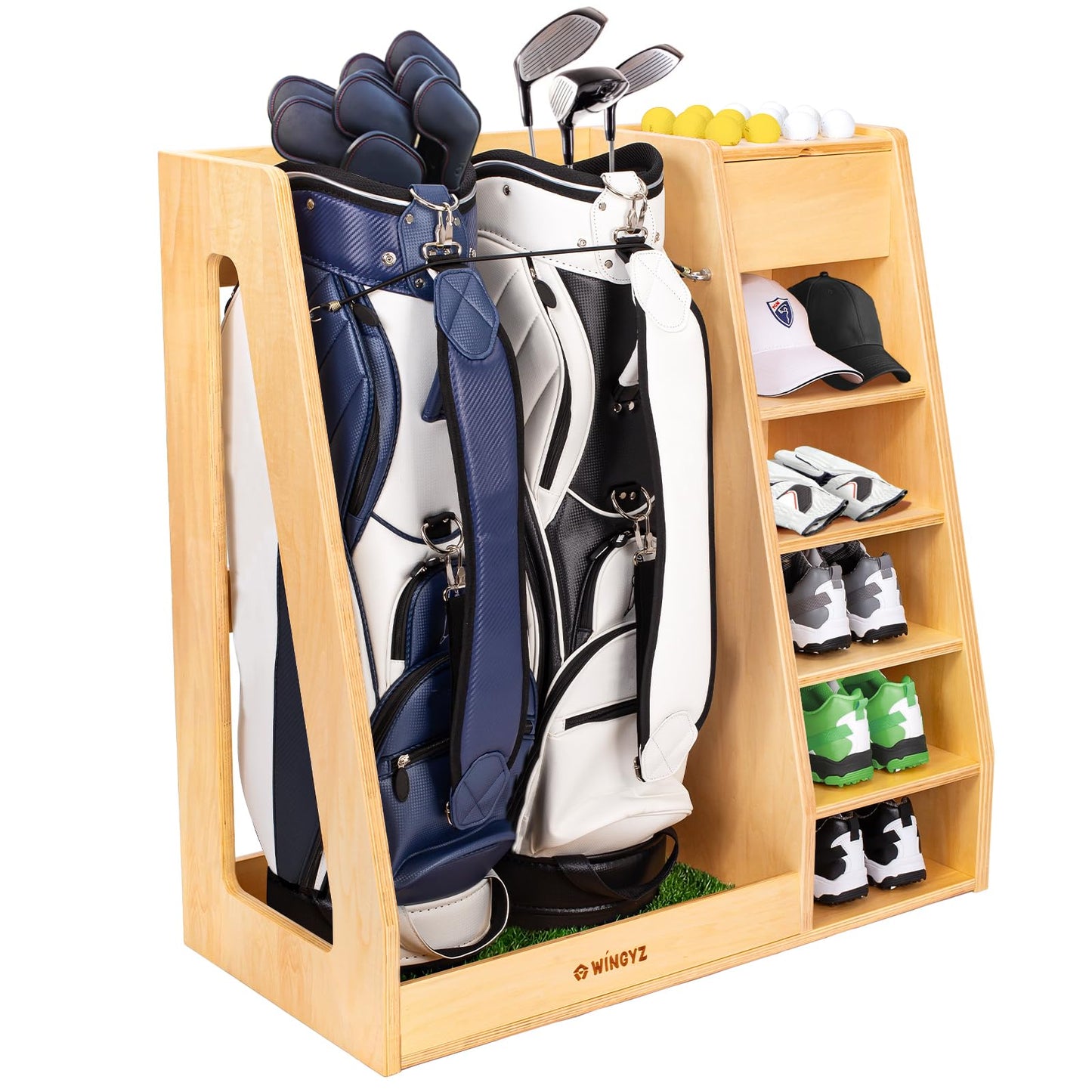 WINGYZ Premium Birch Plywood Golf Bag Storage for 2 Bags | 36lb Rock-Solid Golf Bag Organizer | 7-Shelf Command Center | Artificial Turf 12-Ball Display | No Wall Mounting Required (Natural)