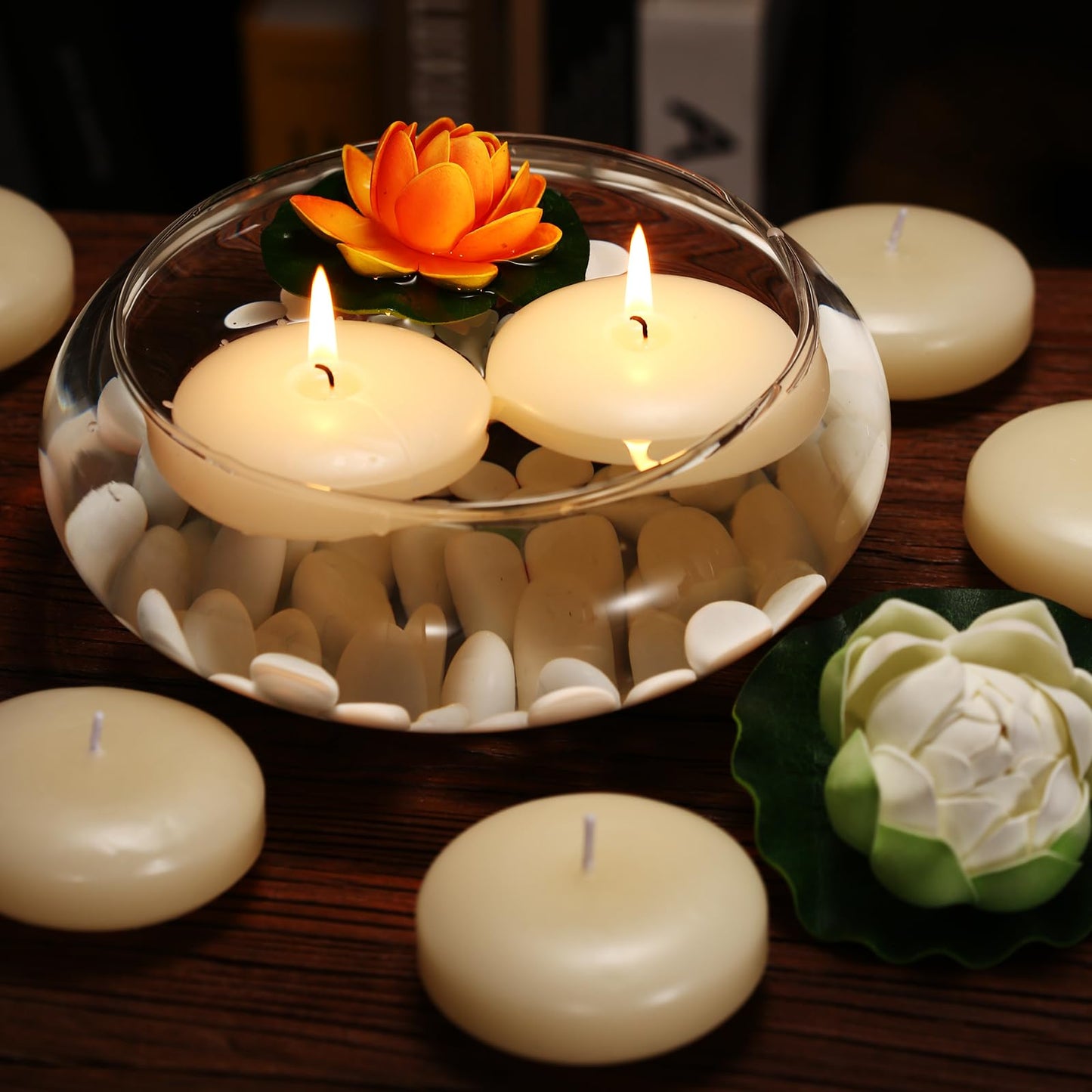 KNOURT 24 Pack Floating Candles, 3” Ivory Unscented Dripless Wax Burning Candles, for Weddings, Party, Cylinder Vases, and Home Decorations