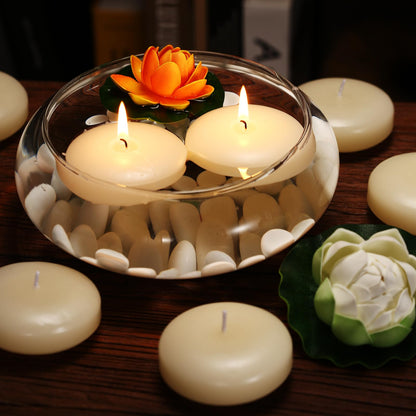 KNOURT 12 Pack Floating Candles, 3” Ivory Unscented Dripless Wax Burning Candles, for Weddings, Party, Cylinder Vases, and Home Decorations…