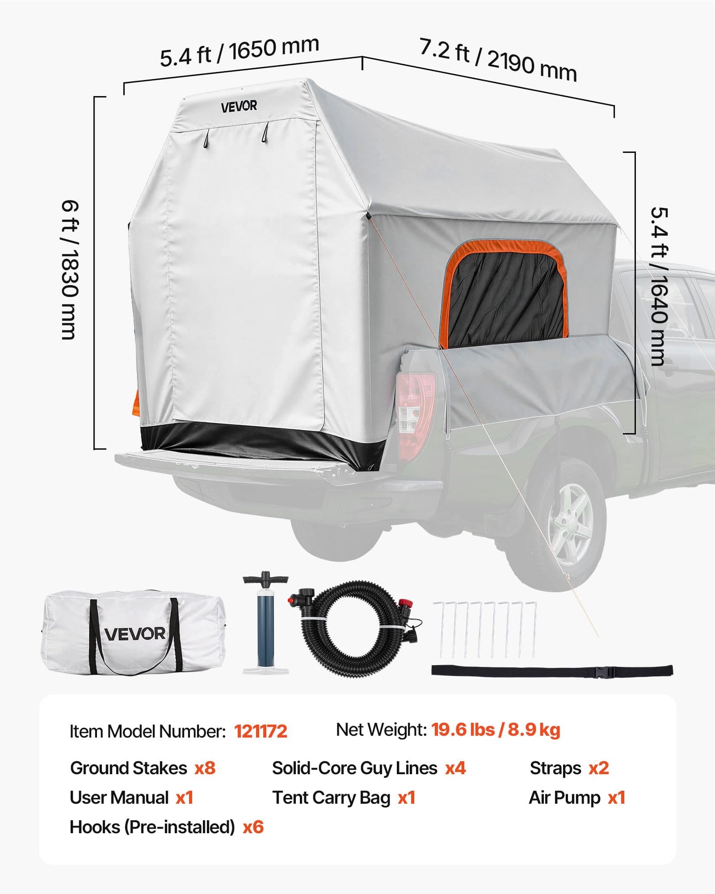 VEVOR Inflatable Pickup Truck Tent, 7.2 x 5.4 FT 3-Season Truck Bed Tent with Ventilated Mesh Windows, PU2000mm Waterproof Pickup Camping Tents for Outdoor Hiking Activities - Air Pump Included
