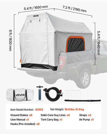VEVOR Inflatable Pickup Truck Tent, 7.2 x 5.4 FT 3-Season Truck Bed Tent with Ventilated Mesh Windows, PU2000mm Waterproof Pickup Camping Tents for Outdoor Hiking Activities - Air Pump Included