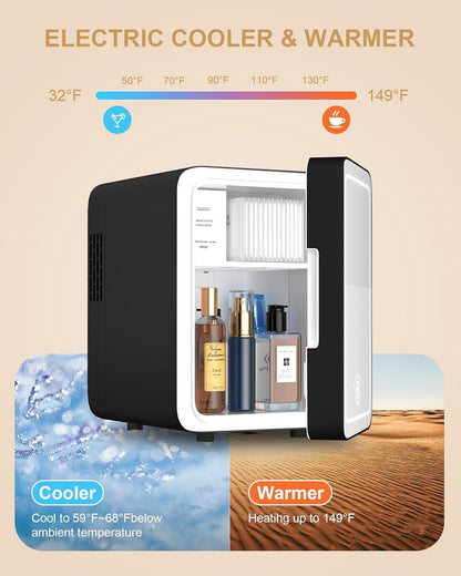 Skincare Fridge With Dimmable LED Light Mirror, 4L Mini Fridge For Desktop, Travel or Cool & Heat, Makeup Fridge for Cosmetics, Skin Care and Food, Green
