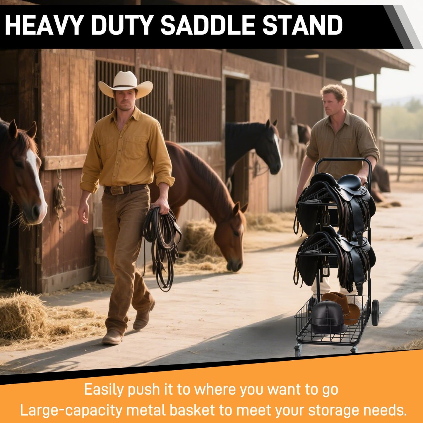 Heavy Duty Two Tier Saddle Rack Stand, Wheeled Saddle Cart with Basket, Ideal for Storing, Transporting, Organizing, and Moving Supplies - Detachable