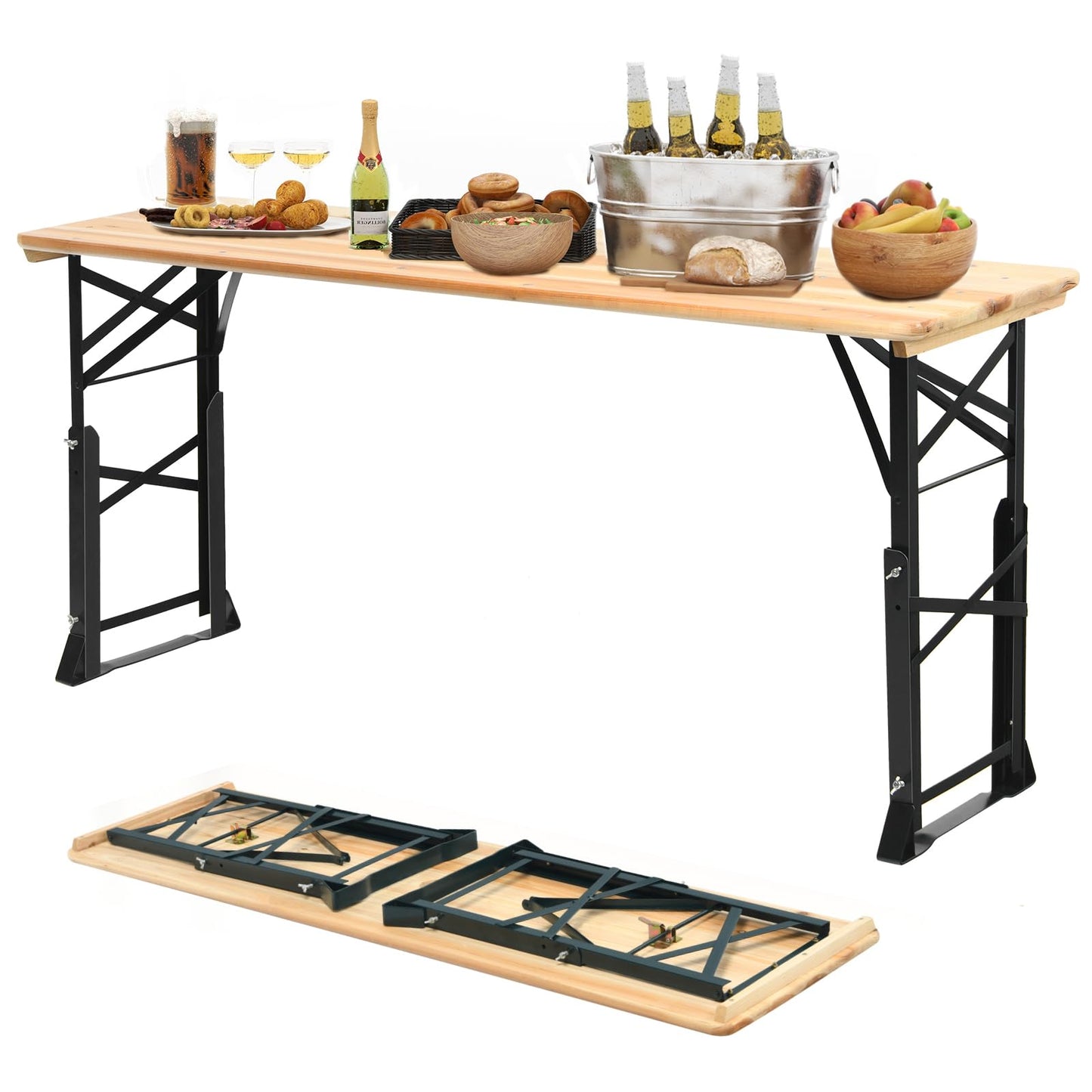 CHEFJOY 5.5FT Folding Picnic Beer Table, Outdoor Camping Table with Umbrella Hole & 2 Adjustable Heights, Heavy Duty Metal Frame & Solid Wood Top, Portable Picnic Table for Patio, Garden, Backyard