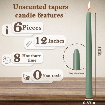Unscented 12'' Taper Candles Set of 6 Gradual Green Tall Candlesticks for Spring Home Decor Dinner Wedding Party Holidays Christmas