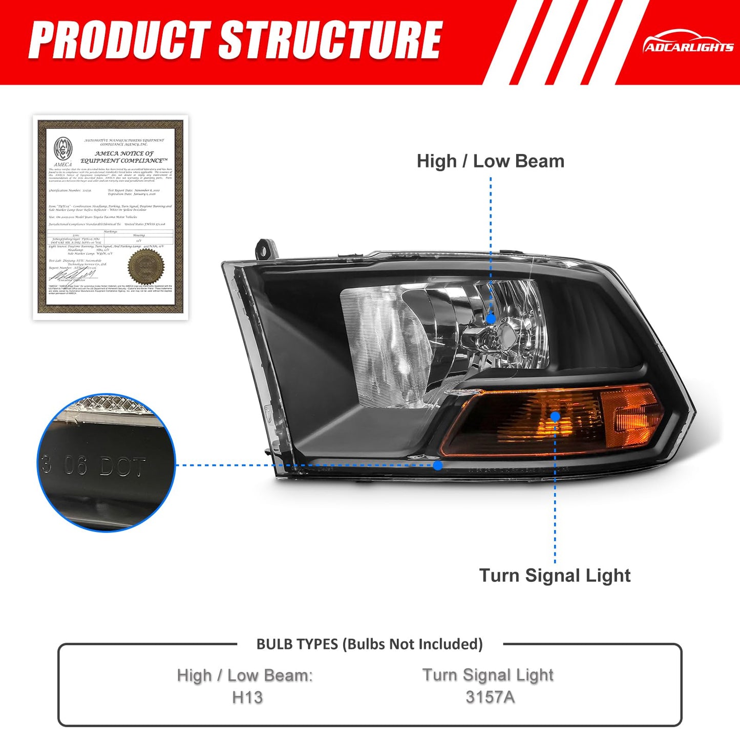 ADCARLIGHTS For 2009-2012 Dodge Ram 1500 2500 3500 Pickup Dual Cab Trims Headlights Black Housing Amber Reflector Driver and Passenger Side(Not fit Quad Models) Pair（W/O Bulbs）