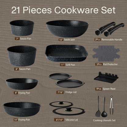 Pots and Pans Set Non Stick, Ceramic Cookware Sets 21 PCS, Granite Induction RV Kitchen Portable Stackable Cooking Set Removable Handles, Dishwasher ＆ Oven Safe, Black