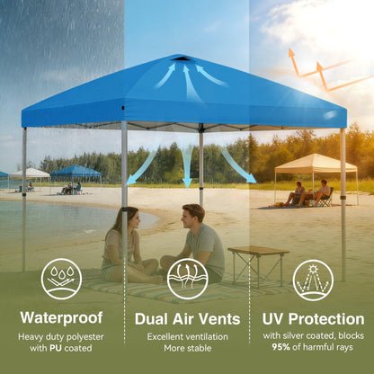 HYPER VENTURE 10x10ft Pop Up Canopy Tent with One Push Setup, Portable Outdoor Event Shelter with Rolling Carry Bag for Camping, Beach, Market, Patio (Blue)